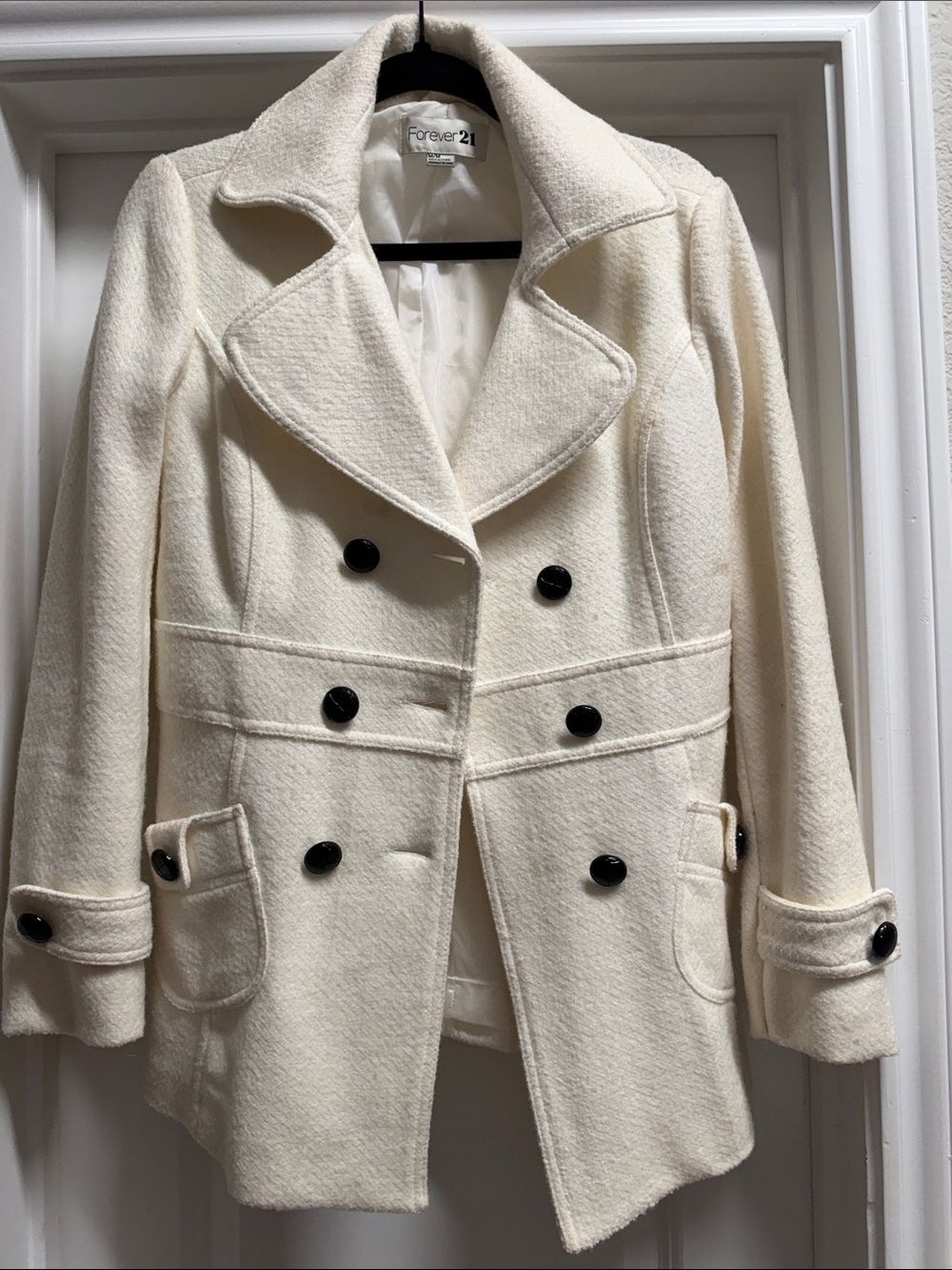 Forever 21 Cream Double-Breasted Pea Coat with Black Buttons